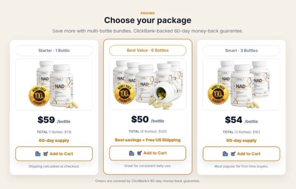 Cost information displayed with bundled purchasing choices for dietary supplements